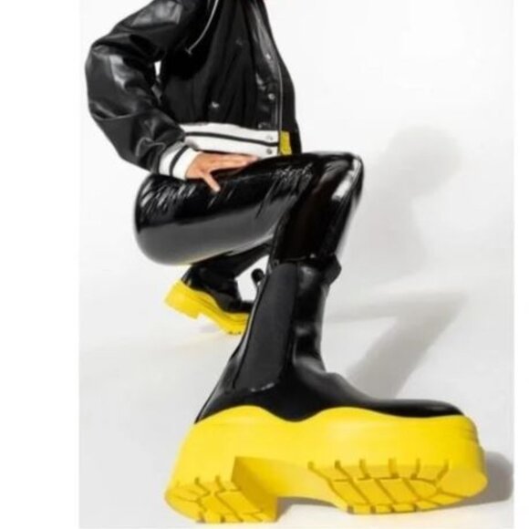 Azalea Wang Shoes - Azalea Wang | Chunky Platform Ghosted Chelsea Rain Boots Grunge Black Yellow 5